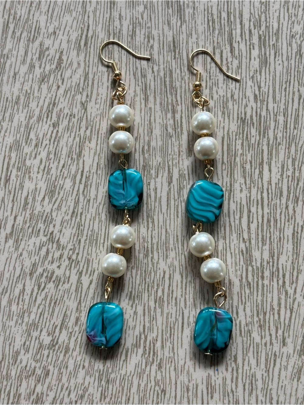 Hand Crafted Teal and Pearl Long Drop Earrings